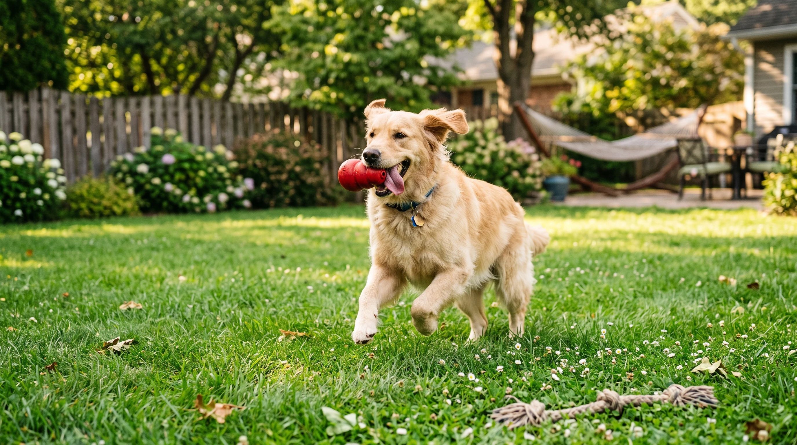 A happy dog enjoying playtime outdoors