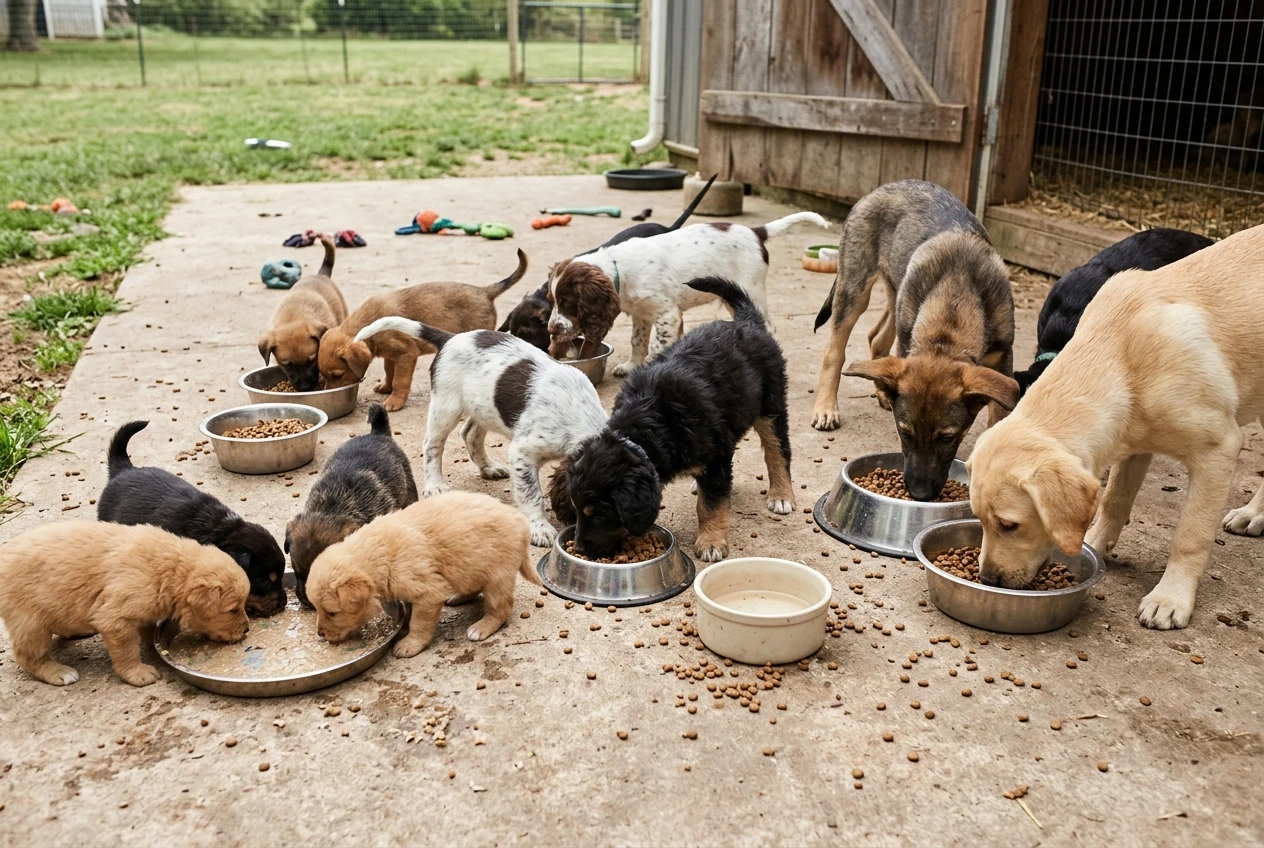 puppies all stages eating out of food bowls
